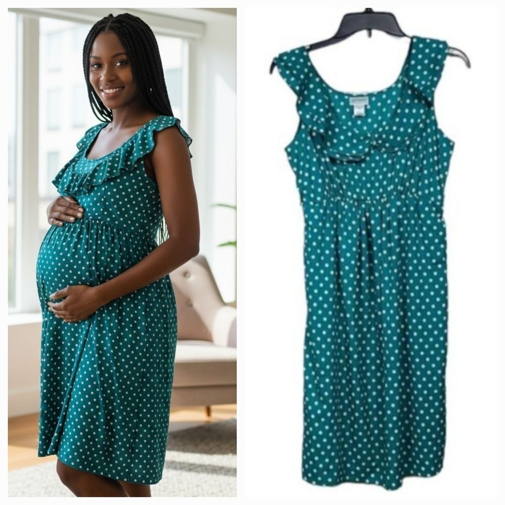Motherhood Maternity Green Polka Dot Ruffle Midi Dress Small Baby Shower Summer